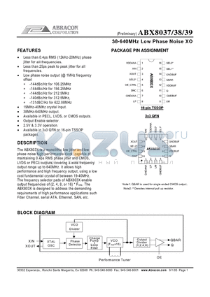 ABX8037 datasheet - 38-640MHz Low Phase Noise XO