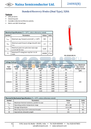 240NS140 datasheet - Standard Recovery Diodes (Stud Type), 320A