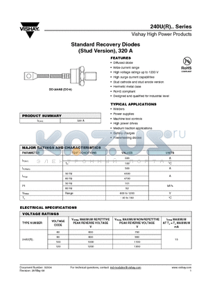 240URR60D datasheet - Standard Recovery Diodes (Stud Version), 320 A