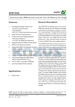 APW7068KE-TR datasheet - Synchronous Buck PWM and Linear Controller with 0.8V Reference Out Voltage