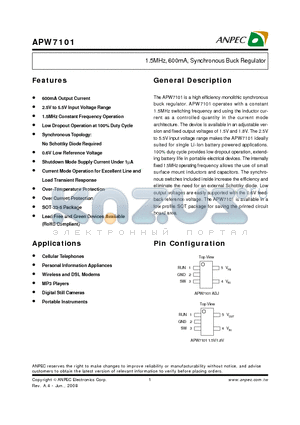 APW7101-15 datasheet - 1.5MHz, 600mA, Synchronous Buck Regulator