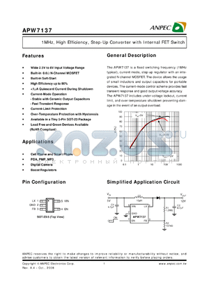 APW7137 datasheet - 1MHz, High Efficiency, Step-Up Converter with Internal FET Switch