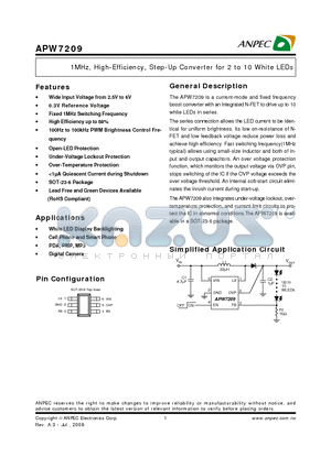 APW7209 datasheet - 1MHz, High-Efficiency, Step-Up Converter for 2 to 10 White LEDs