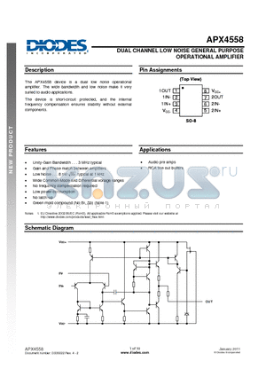 APX4558 datasheet - DUAL CHANNEL LOW NOISE GENERAL PURPOSE OPERATIONAL AMPLIFIER