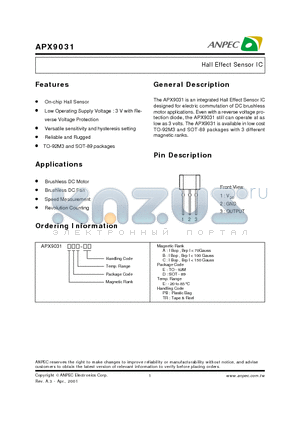 APX9031ADE-TR datasheet - Hall Effect Sensor IC