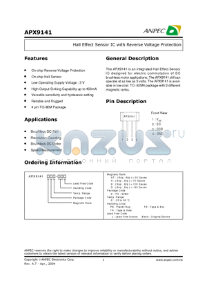 APX9141ATEE-TRL datasheet - Hall Effect Sensor IC with Reverse Voltage Protection