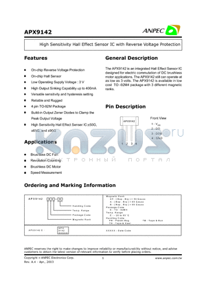 APX9142AEE-TB datasheet - High Sensitivity Hall Effect Sensor IC with Reverse Voltage Protection