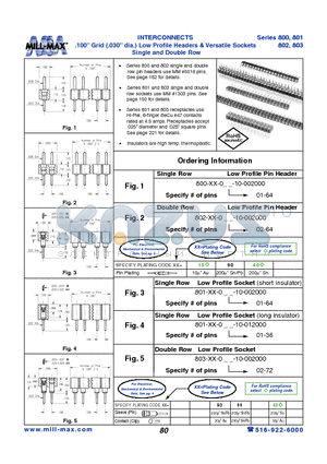 803-43-072-10-002000 datasheet - INTERCONNECTS .100 Grid (.030 dia.) Low Profile Headers & Versatile Sockets Single and Double Row