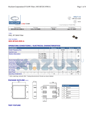 803-RF243.95M-A datasheet - PHS, RF SAW Filter