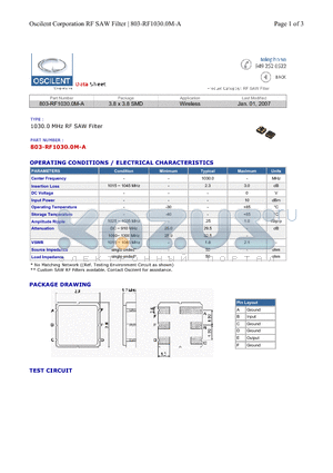 803-RF1030.0M-A datasheet - 1030.0 MHz RF SAW Filter