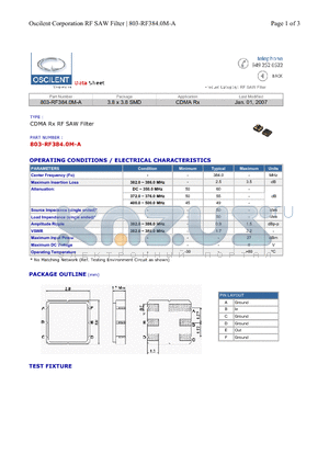 803-RF384.0M-A datasheet - CDMA Rx RF SAW Filter
