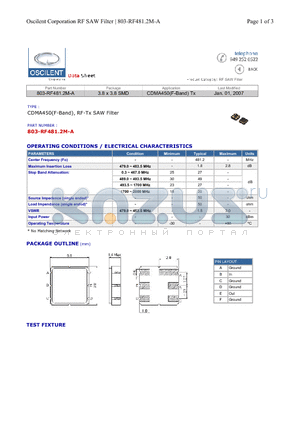 803-RF481.2M-A datasheet - CDMA450(F-Band), RF-Tx SAW Filter