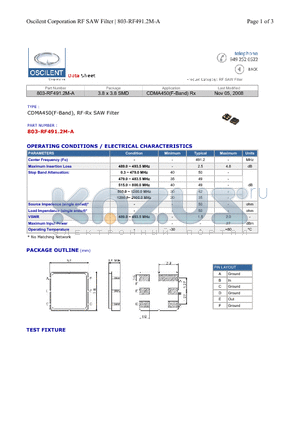 803-RF491.2M-A datasheet - CDMA450(F-Band), RF-Rx SAW Filter