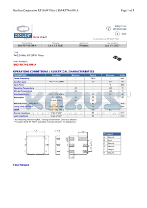 803-RF746.0M-A datasheet - 746.0 MHz RF SAW Filter