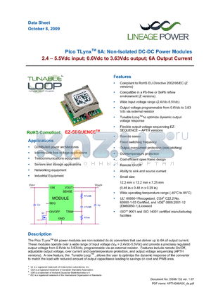 APXH006A0X-SRZ datasheet - Pico TLynx 6A: Non-Isolated DC-DC Power Modules