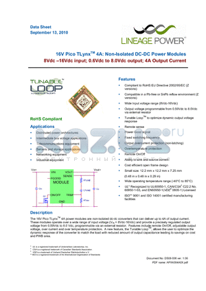 APXK004A0X-SRZ datasheet - 16V Pico TLynxTM 4A: Non-Isolated DC-DC Power Modules