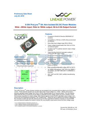APXW005A0X43-SRZ datasheet - 9-36V ProLynxTM 5A: Non-Isolated DC-DC Power Modules