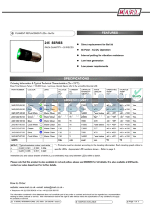 245-930-87-50 datasheet - FILAMENT REPLACEMENT LEDs - Ba15d