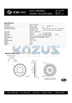 CDMG16008-03 datasheet - micro dynamic speaker