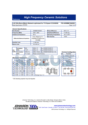 2450BM15A0001E datasheet - 2.45 GHz Balun/Match Network optimized for TI Chipset CC2430/80