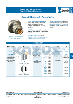 804-006-00Z16-1CA datasheet - Hermetic Receptacles