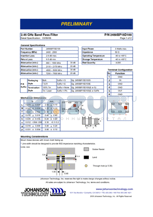 2450BP15D100 datasheet - 2.45 GHz Band Pass Filter