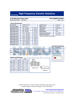 2450BP15J0100E datasheet - 2.45 GHz Band Pass Filter