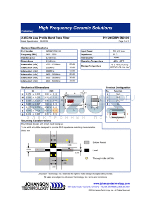 2450BP15N0100 datasheet - 2.45GHz Low Profile Band Pass Filter