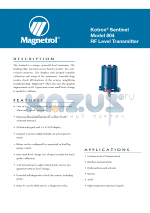 804-R010-230 datasheet - Kotron^ Sentinel Model 804 RF Level Transmitter