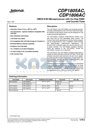 CDP1805ACQ datasheet - CMOS 8-Bit Microprocessor with On-Chip RAM and Counter/Timer