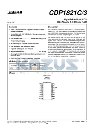 CDP1821C/3 datasheet - High-Reliability CMOS 1024-Word x 1-Bit Static RAM