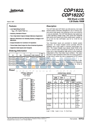 CDP1822C datasheet - 256-Word x 4-Bit LSI Static RAM