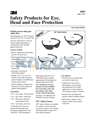 8043 datasheet - Safety Products for Eye, Head and Face Protection
