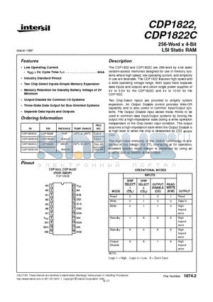 CDP1822D datasheet - 256-Word x 4-Bit LSI Static RAM