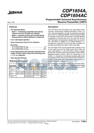 CDP1854ACD datasheet - Programmable Universal Asynchronous Receiver/Transmitter (UART)