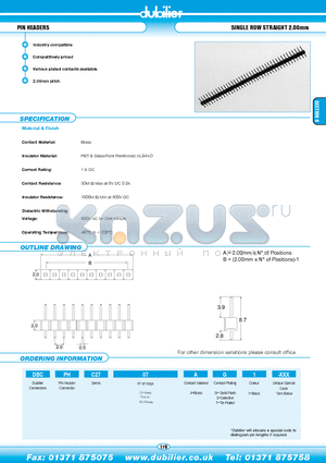 DBCPHC2706AG1-XXX datasheet - PIN HEADERS SINGLE ROW STRAIGHT 2.00mm
