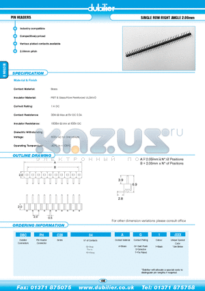 DBCPHC2804AS1-XXX datasheet - PIN HEADERS SINGLE ROW RIGHT ANGLE 2.00mm