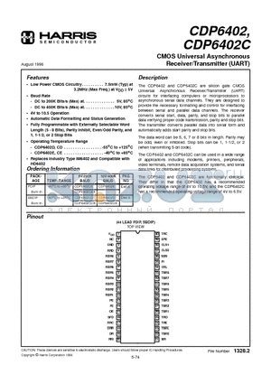 CDP6402C datasheet - CMOS Universal Asynchronous Receiver/Transmitter (UART)