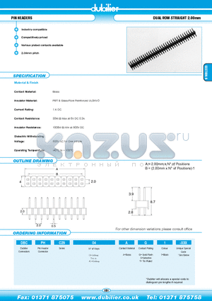 DBCPHC2907AT1-XXX datasheet - PIN HEADERS DUAL ROW STRAIGHT 2.00mm
