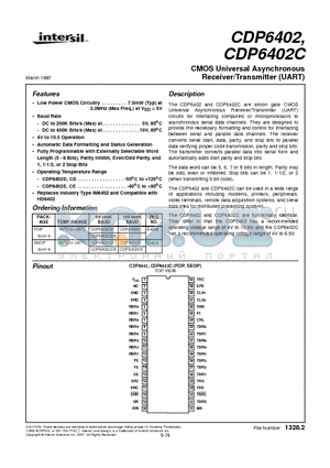 CDP6402CEX datasheet - CMOS Universal Asynchronous Receiver/Transmitter (UART)