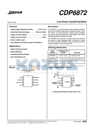 CDP6872 datasheet - Low Power Crystal Oscillator