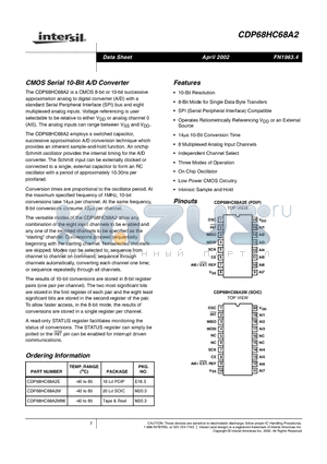 CDP68HC68A2 datasheet - CMOS Serial 10-Bit A/D Converter