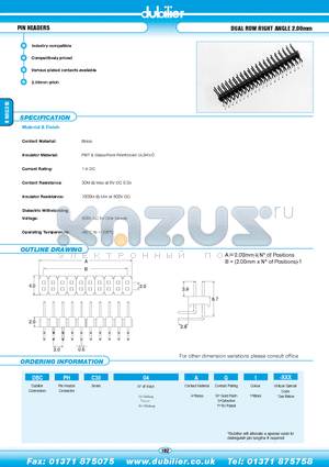 DBCPHC3006AT1-XXX datasheet - PIN HEADERS DUAL ROW RIGHT ANGLE 2.00mm