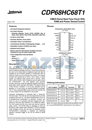 CDP68HC68T1 datasheet - CMOS Serial Real-Time Clock With RAM and Power Sense/Control