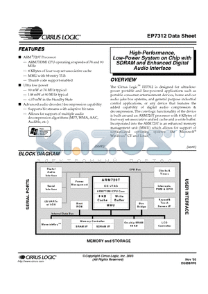 EP7312 datasheet - HIGH-PERFORMANCE, LOW-POWER SYSTEM ON CHIP WITH SDRAM AND ENHANCED DIGITAL AUDIO INTERFACE