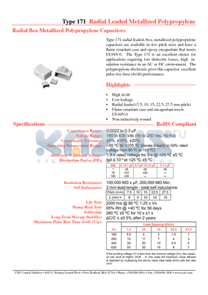 171222M630C-F datasheet - Radial Box Metallized Polypropylene Capacitors