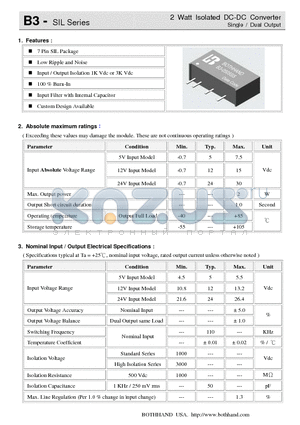 B3-0512SSH datasheet - 2 Watt Isolated DC-DC Converter Single / Dual Output