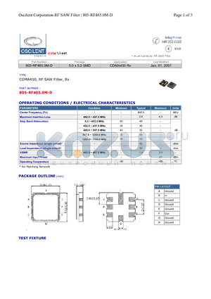 805-RF465.0M-D datasheet - CDMA450, RF SAW Filter, Rx