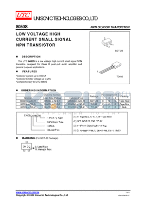 8050S-X-T92-B datasheet - LOW VOLTAGE HIGH CURRENT SMALL SIGNAL NPN TRANSISTOR