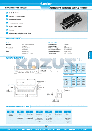 DBCSDFSR237G datasheet - D TYPE CONNECTORS LOW COST PCB SOLDER PIN RIGHT ANGLE - EUROPEAN FOOTPRINT